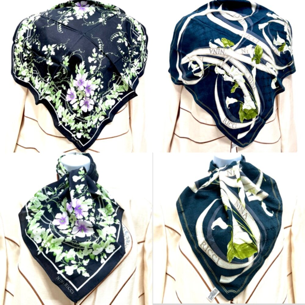2) NINA RICCI PARIS  Cotton Mi SCARF  22"  Black purple green white  Floral (51